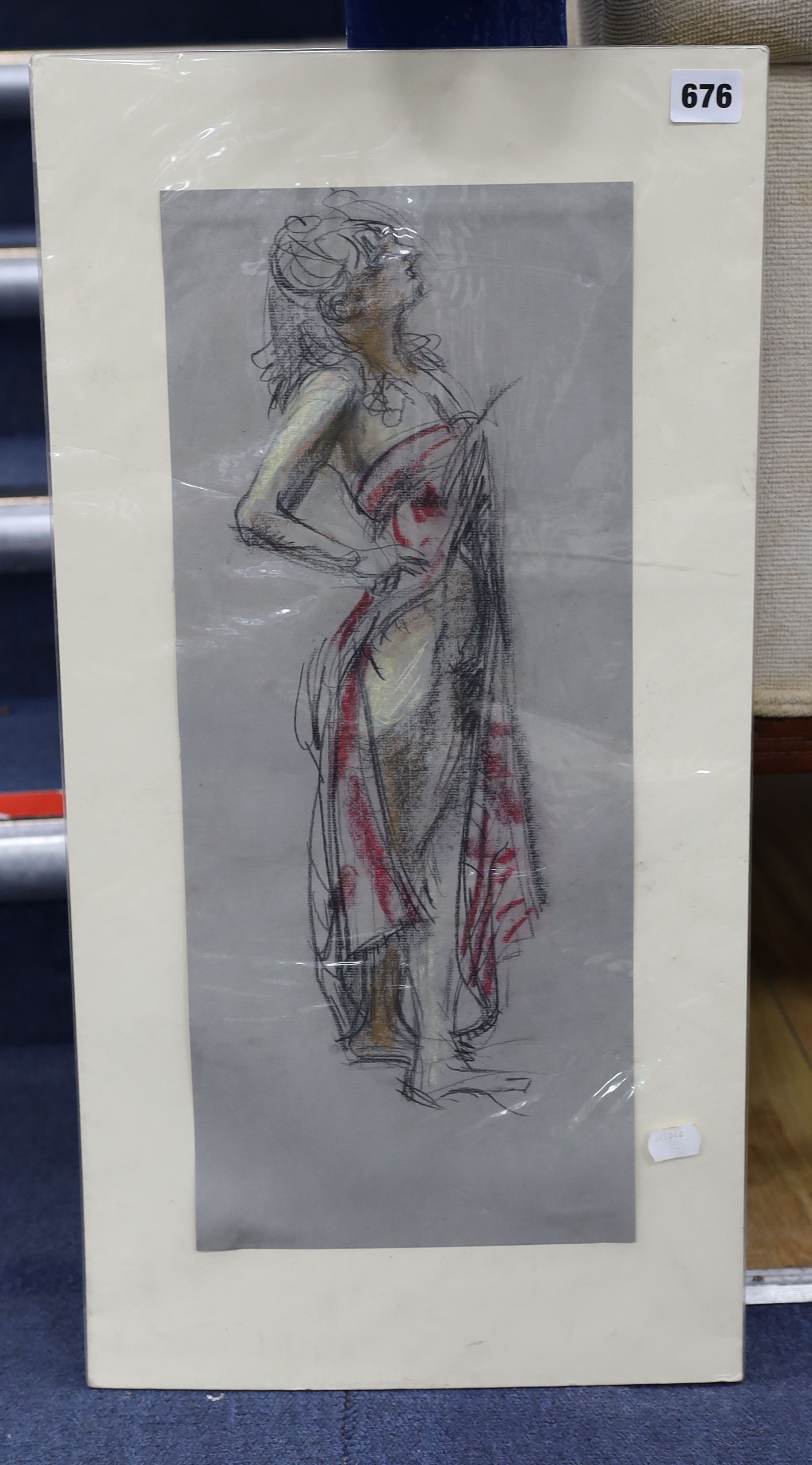 Pat Mallinson (Rowbotham), coloured chalks, Study of a standing model, inscribed verso, 50 x 21cm, unframed